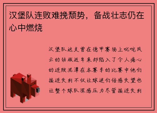 汉堡队连败难挽颓势，备战壮志仍在心中燃烧